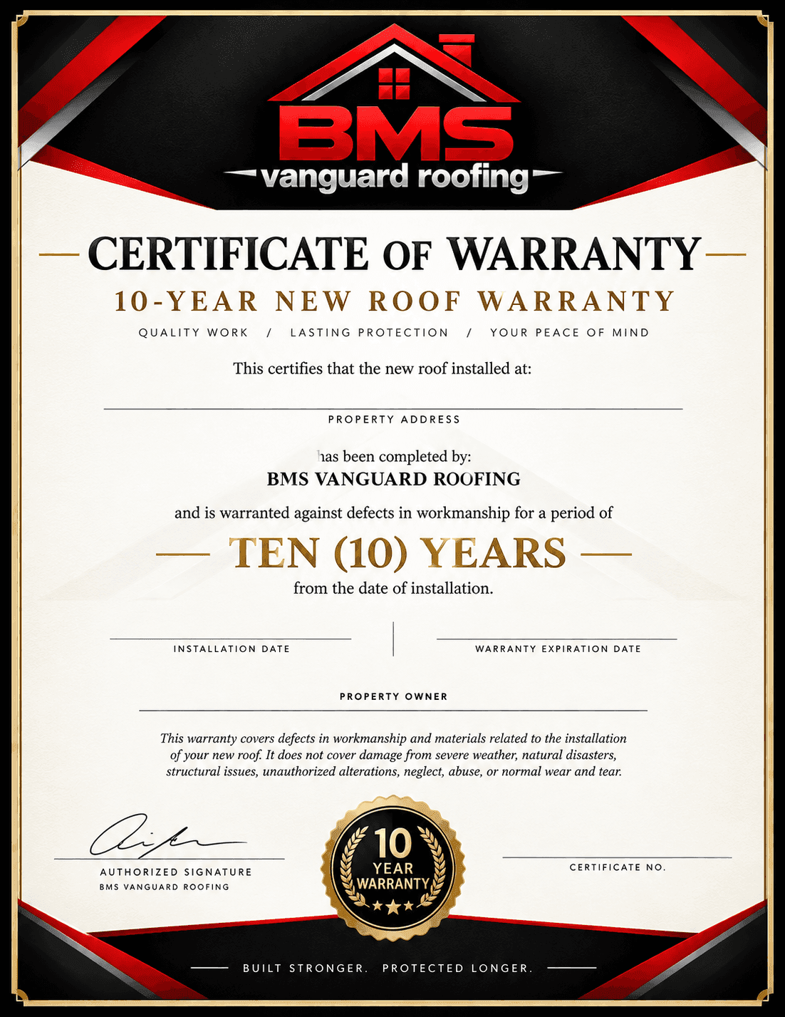 BMS Vanguard Roofing 10-year workmanship warranty certificate