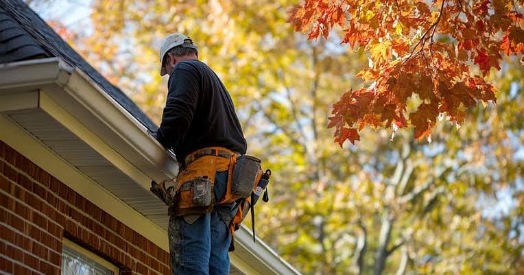 Gutter repair specialist checking guttering from a ladder