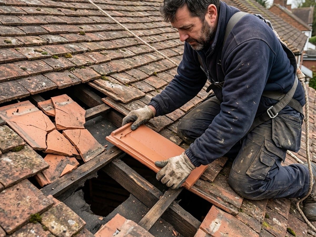Cracked clay roof tiles being replaced