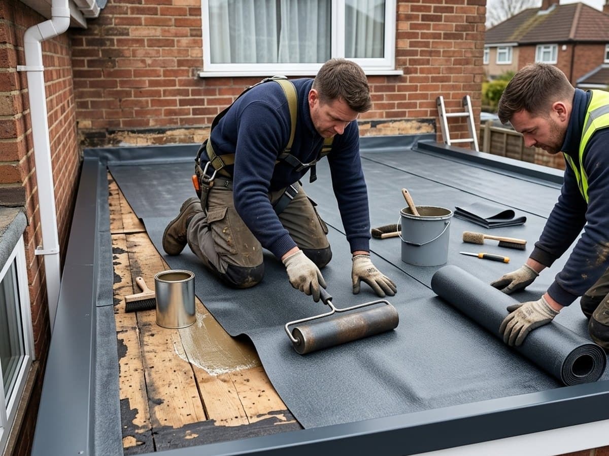 New rubber flat roof being laid on an extension