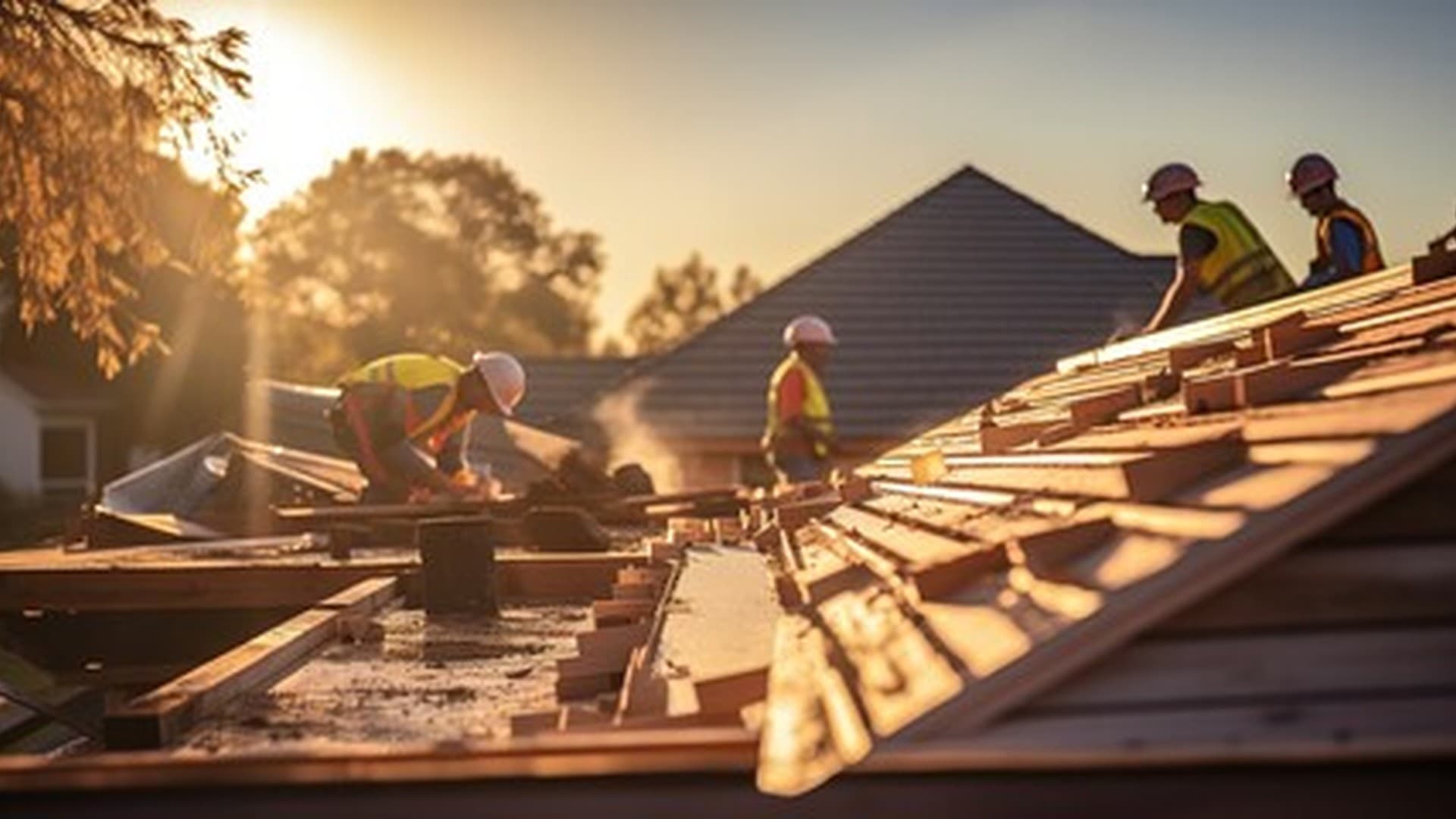 Roofing team fitting new timber on a roof at sunset