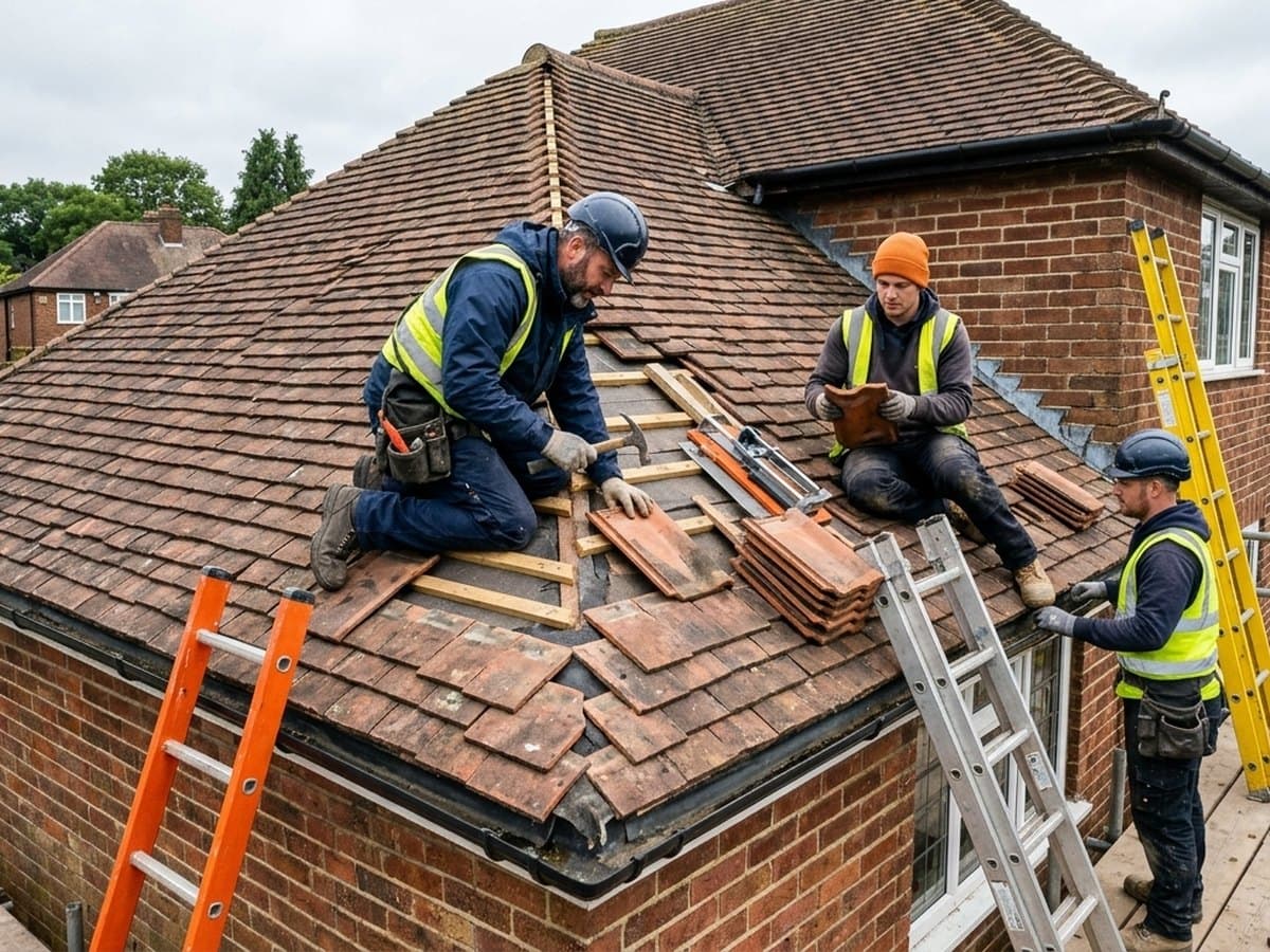 Roofing team repairing a storm-damaged tiled roof