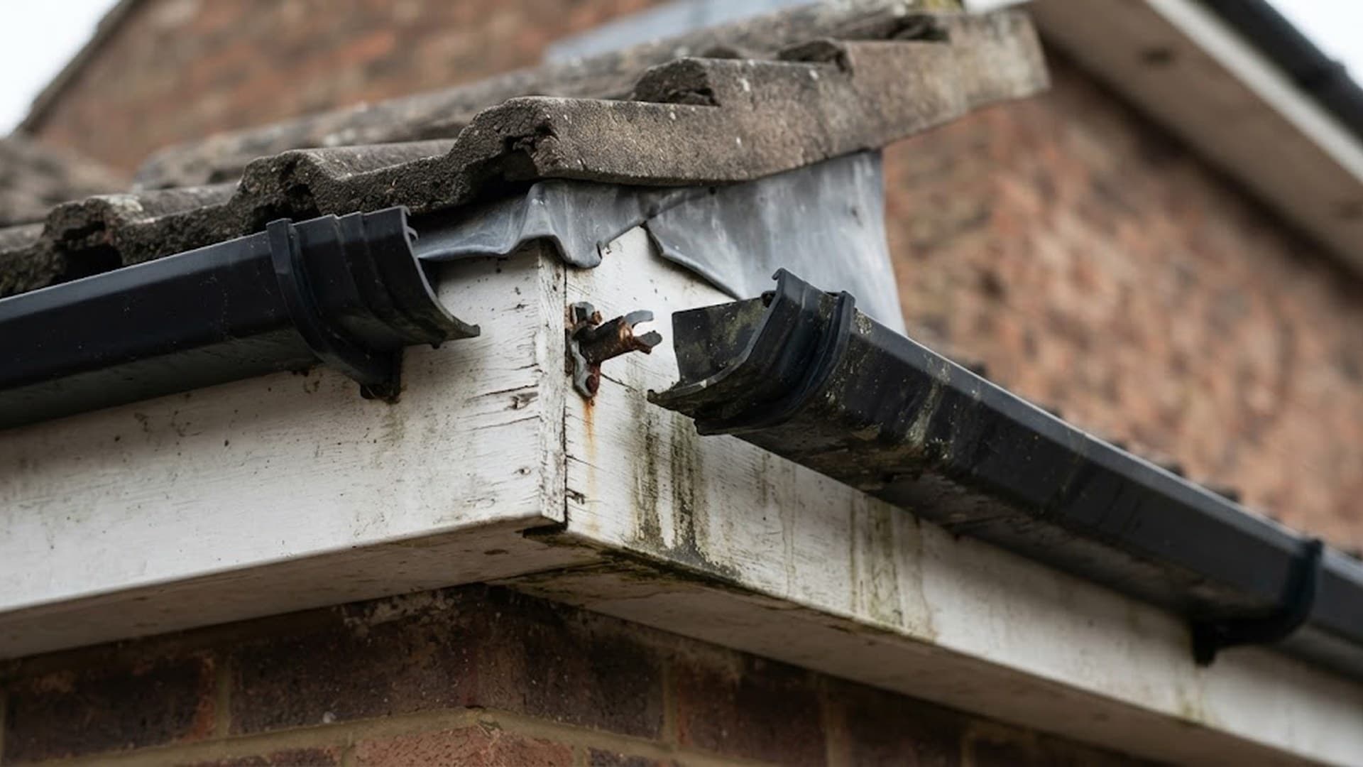Broken gutter joint on a house awaiting repair