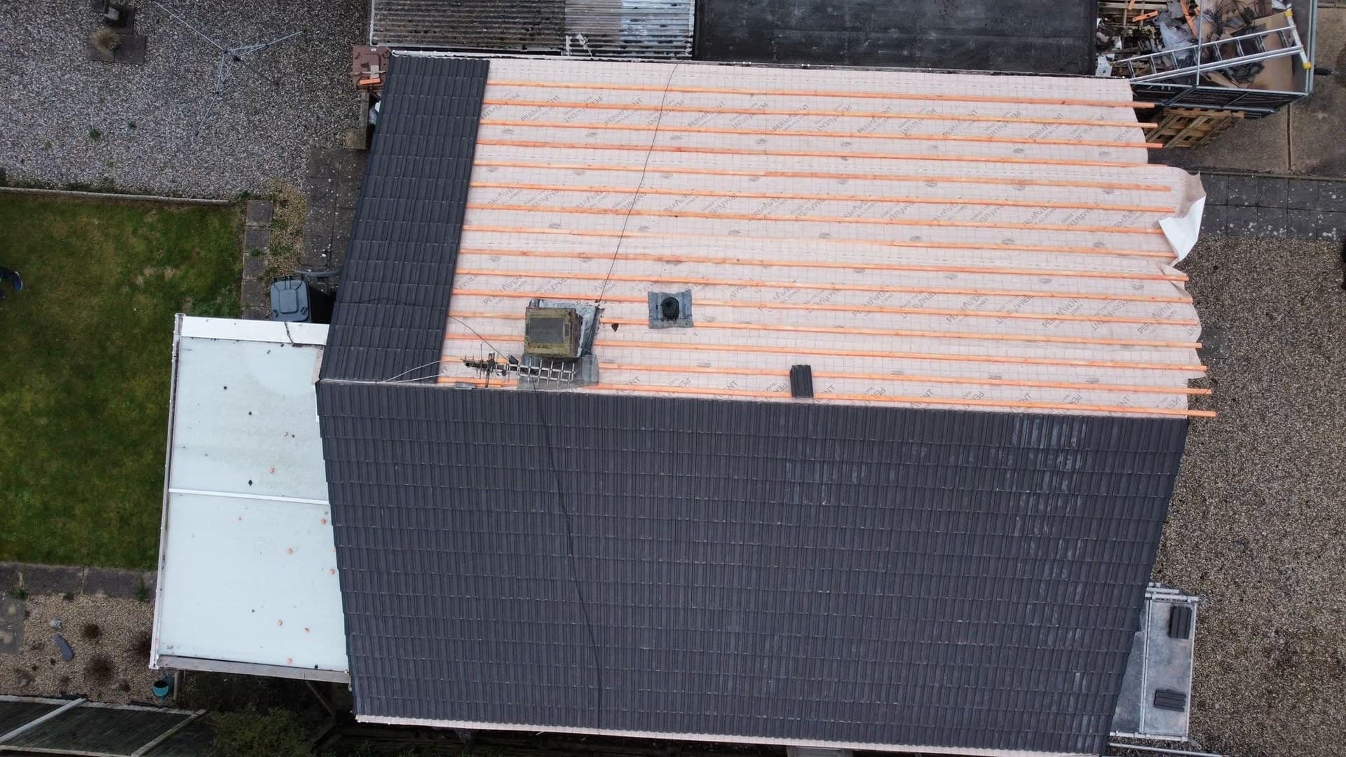Drone view of a new roof being installed by BMS Vanguard Roofing
