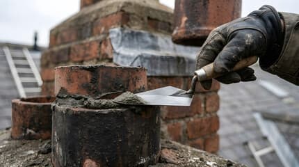 Roofer repointing a chimney stack with a trowel