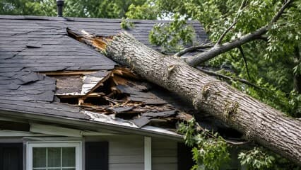 Tree fallen on a house roof after a storm