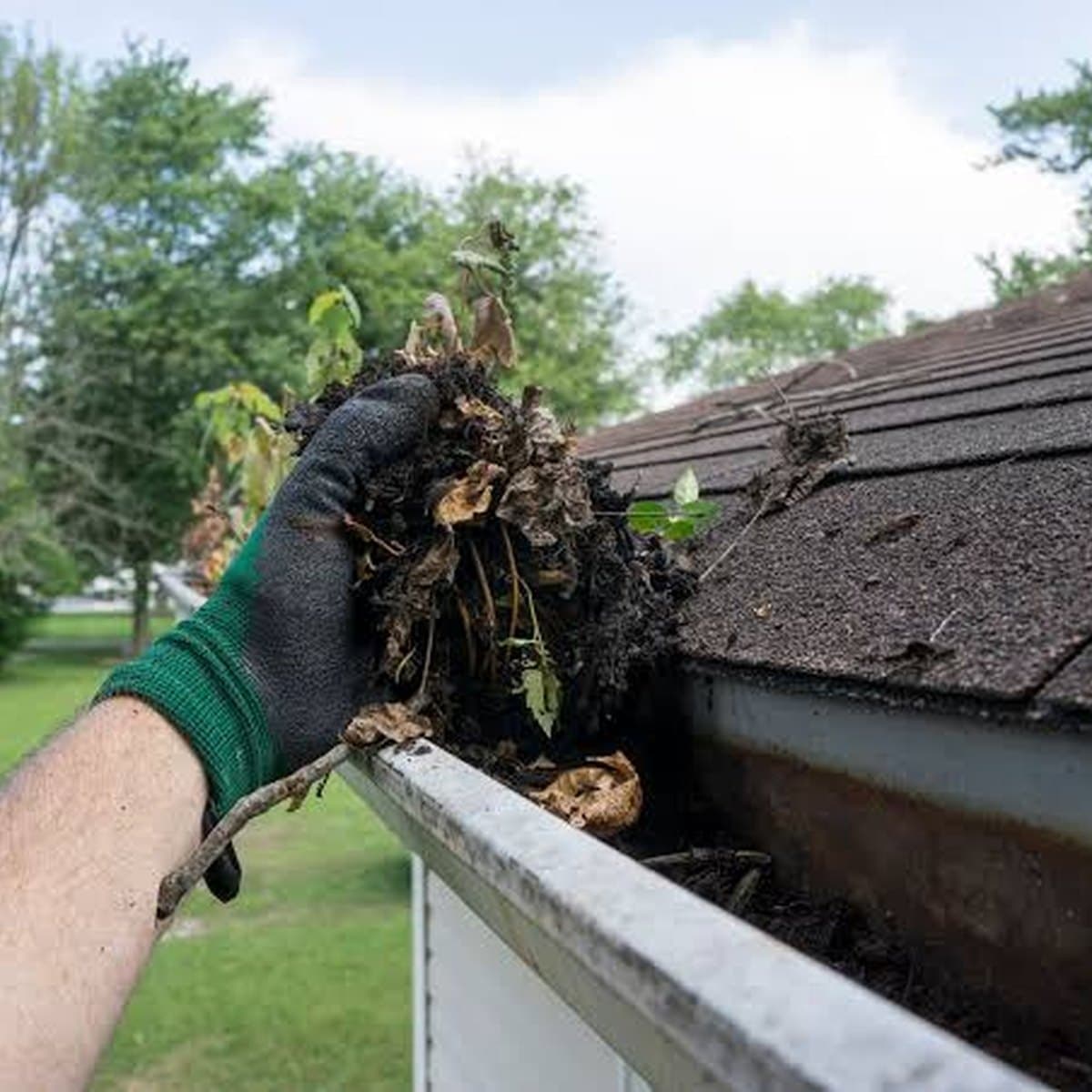 Leaves being cleared from a gutter by hand