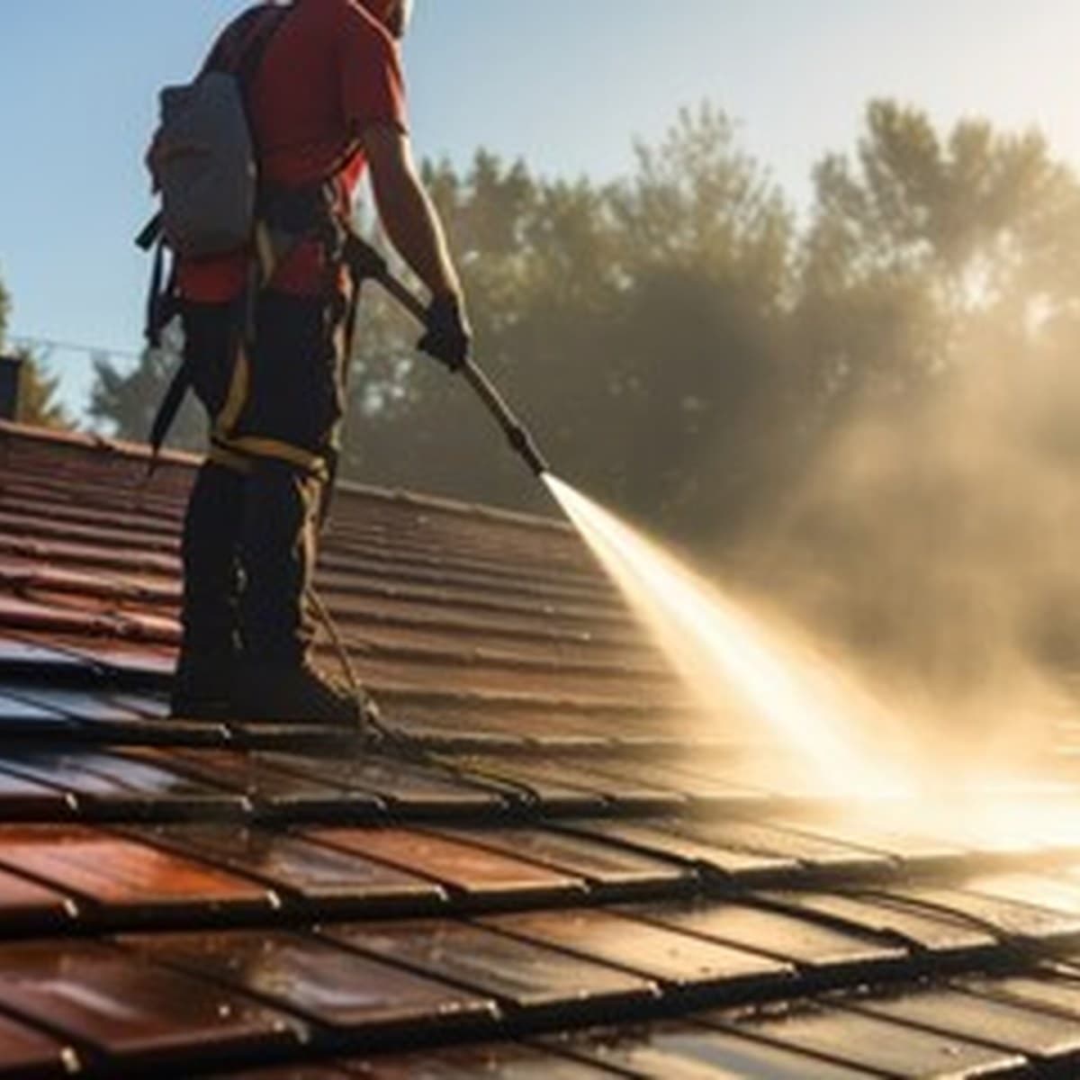 Tiled roof being pressure washed in the sunshine